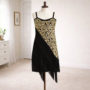 Black Gold Sequin Fringe Holiday Dress M